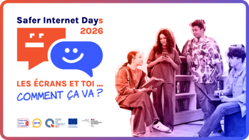Cette image montre 4 adolescents entrain de parler autour de leur téléphone portable. Le logo du Safer Internet Day(s) est en haut à gauche avec le titre de la 23e édition : Les écrans et toi... Comment ça va ? En dessous le logos des partenaires sont alignés : Internet sans crainte, 3018, Point de contact.