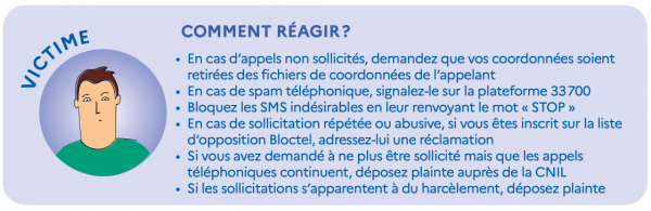 - En cas d'appels non sollicités, demandez que vos coordonnées soient retirées des fichiers de coordonnées de l'appelant - En cas de spam téléphonique, signalez-le sur la plateforme 33 700 - Bloquez les SMS indésirables en leur renvoyant le mot« STOP» - En cas de sollicitation répétée ou abusive, si vous êtes inscrit sur la liste d'opposition Bloctel, adressez-lui une réclamation - Si vous avez demandé à ne plus être sollicité mais que les appels téléphoniques continuent, déposez plainte auprès de la CNIL - Si les sollicitations s'apparentent à du harcèlement, déposez plainte